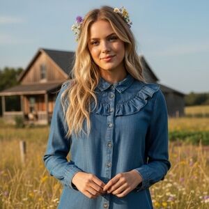 SM NWT 100% Tencel Velvet Heart Ruffled Western Shirt Lyocel